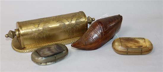 A brass desk calendar, two oval horn snuff boxes with hinged lids and a treen shoe snuff inscribed Antwerp